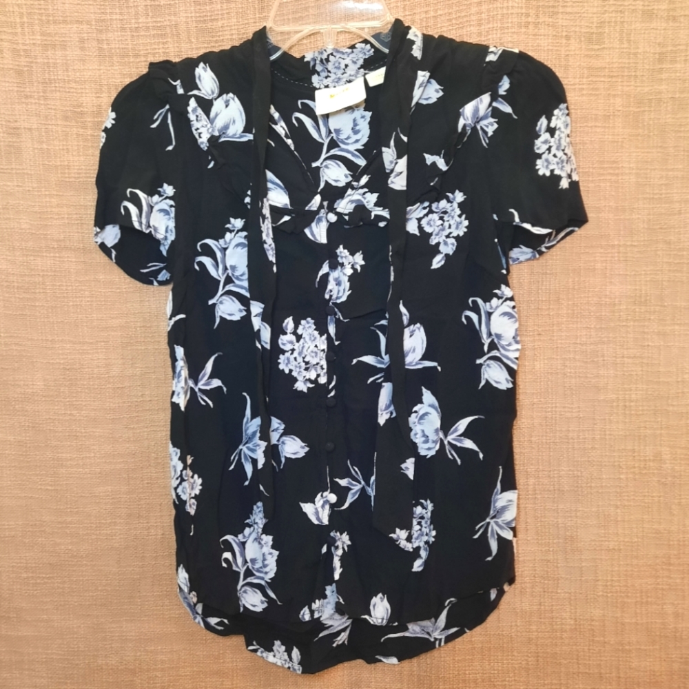 Anthro Maeve Ruffle Floral Tie Neck Blouse XS